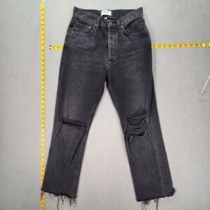 AGOLDE Lana Jeans Womens Black High Rise Straight Distressed Raw Hem USA 25x26